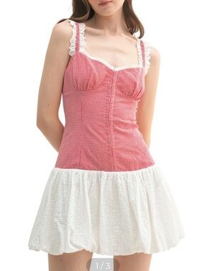 Lush Red Gingham Dress with White Lace Trim